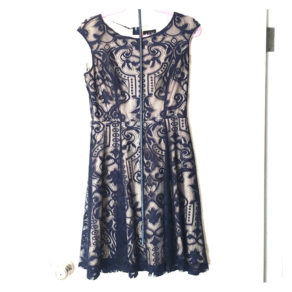 Navy lace dress over nude lining
